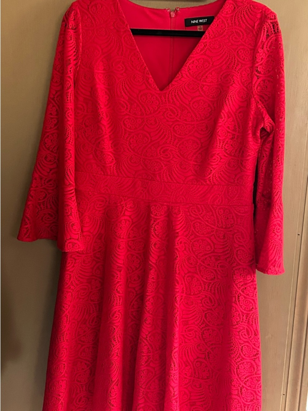 Nine West Bright Red Lace V-Neck Fit & Flare Dress